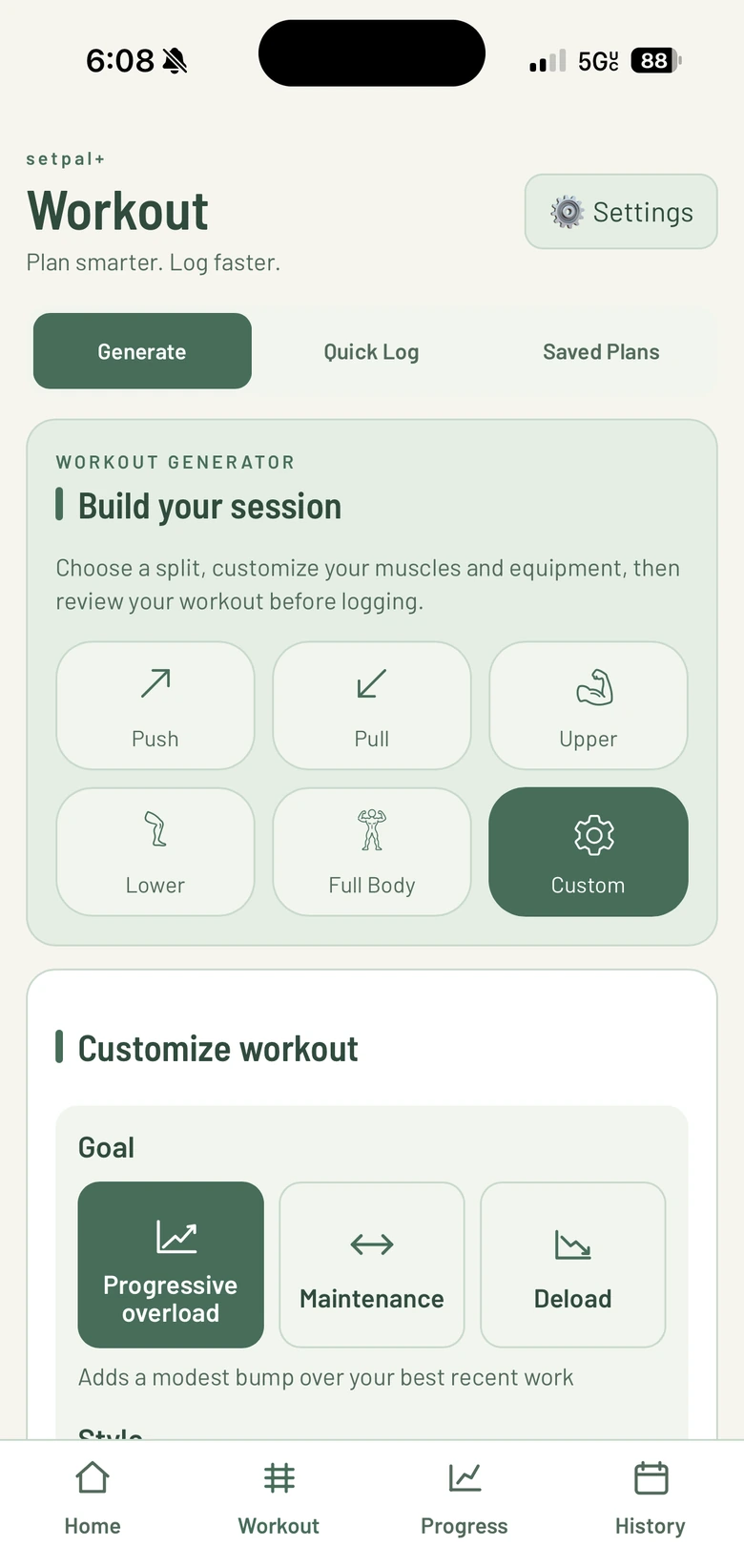 setpal+ workout generator with split, goal and style options